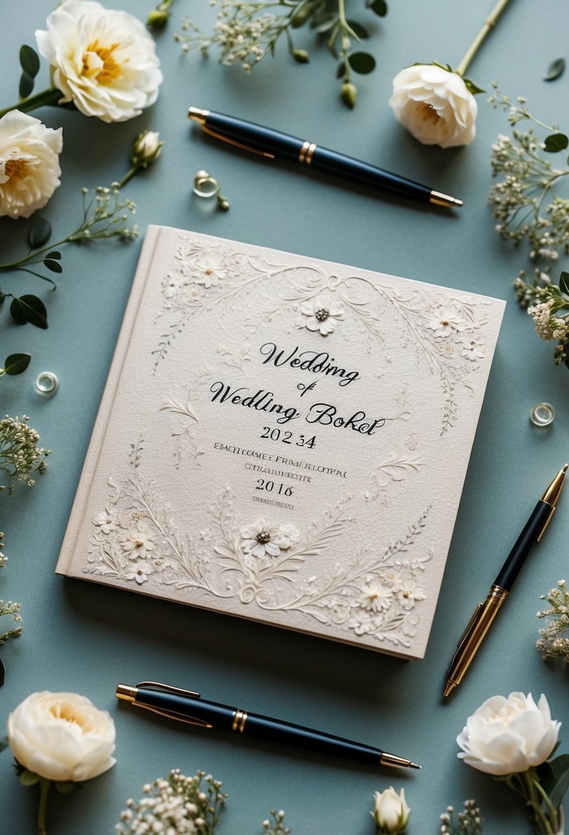 A textured wedding booklet surrounded by delicate floral arrangements and elegant calligraphy pens