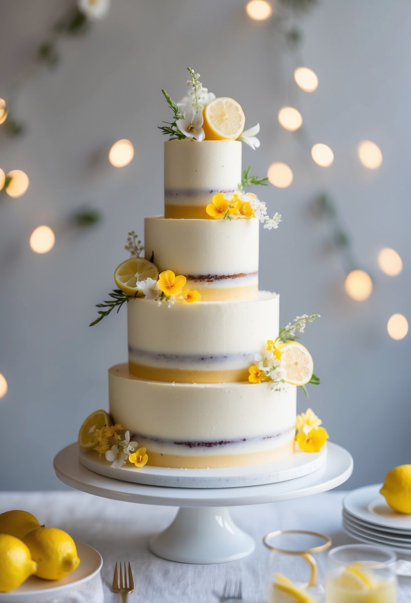 A three-tiered lemon cake adorned with delicate edible flowers for a 60th wedding anniversary celebration