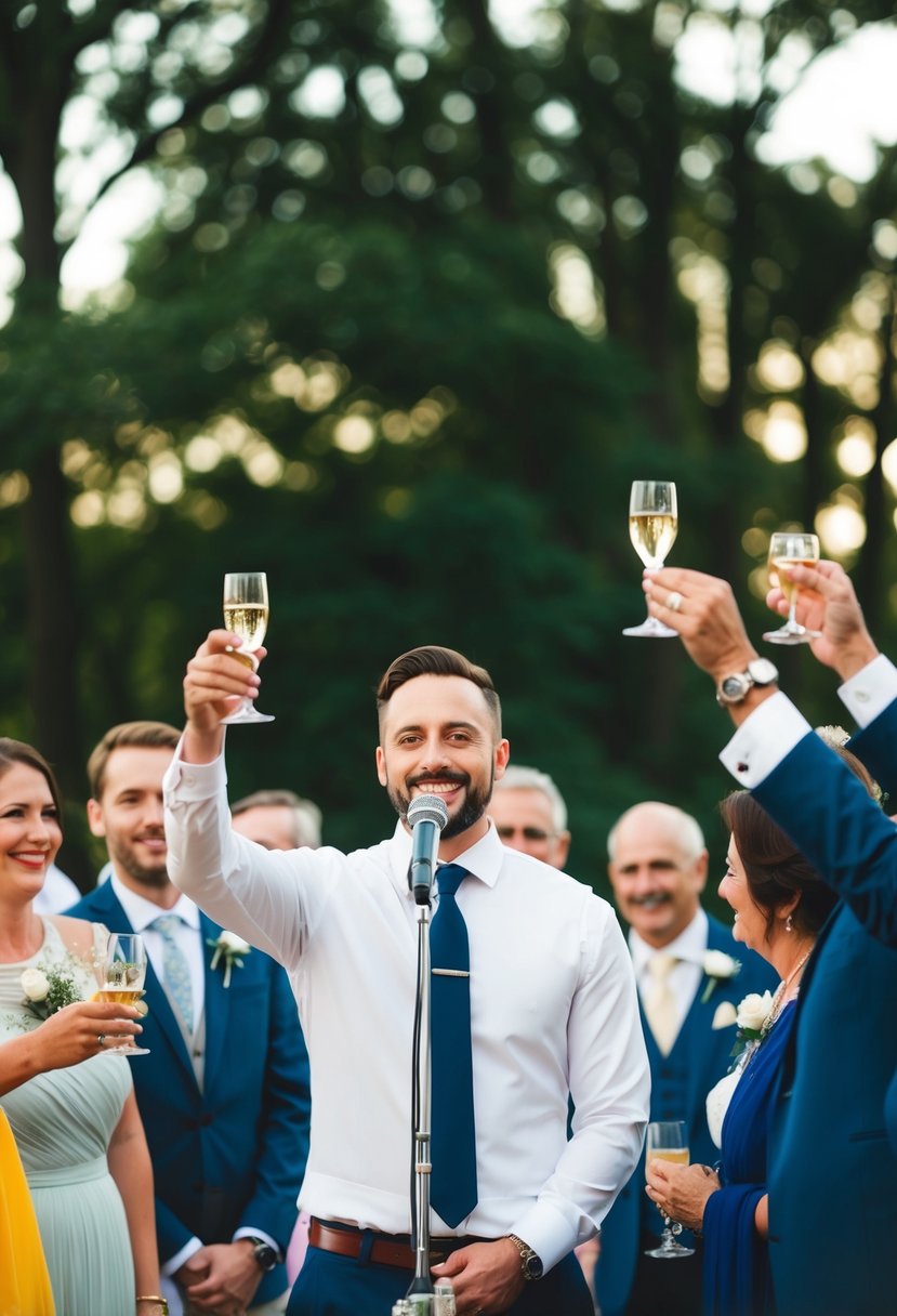 A groom standing at a microphone, surrounded by guests, raising a glass in a toast