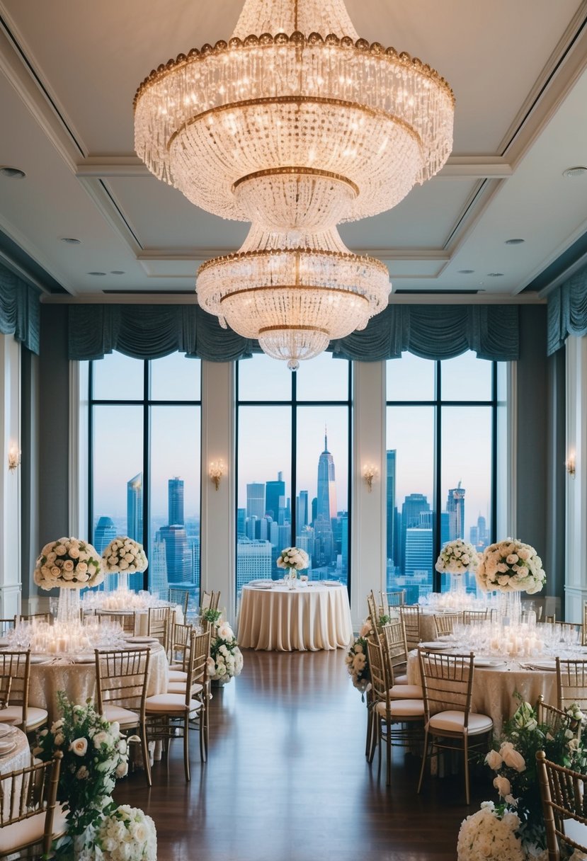 A grand ballroom adorned with chandeliers, ornate floral arrangements, and a sweeping view of the city skyline through floor-to-ceiling windows