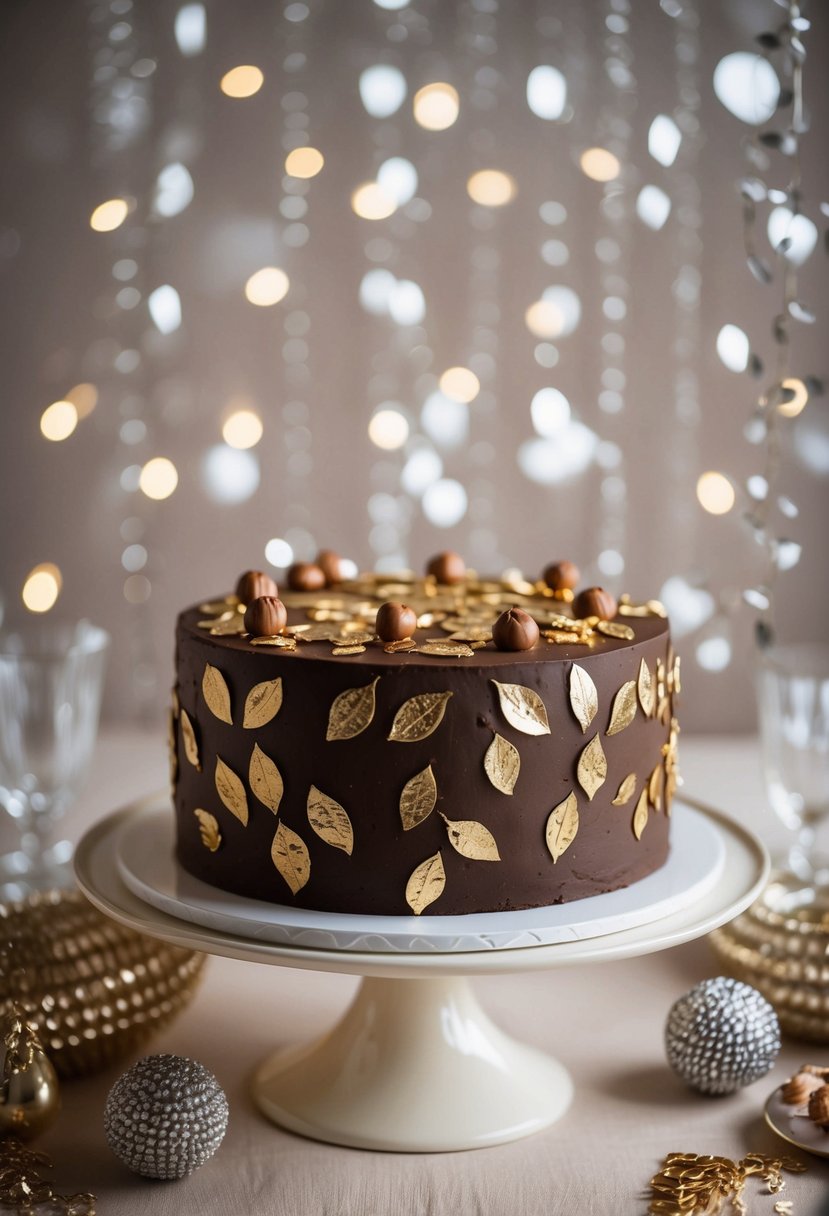 A decadent chocolate hazelnut cake adorned with delicate gold leaf, set on a elegant cake stand, surrounded by shimmering anniversary decorations