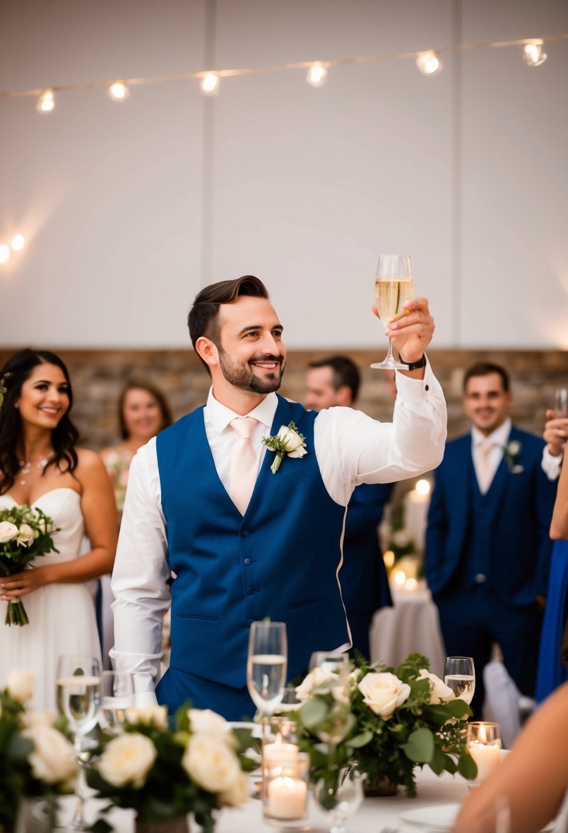 Groom standing at the wedding reception, raising a glass in a heartfelt gesture of gratitude towards the guests