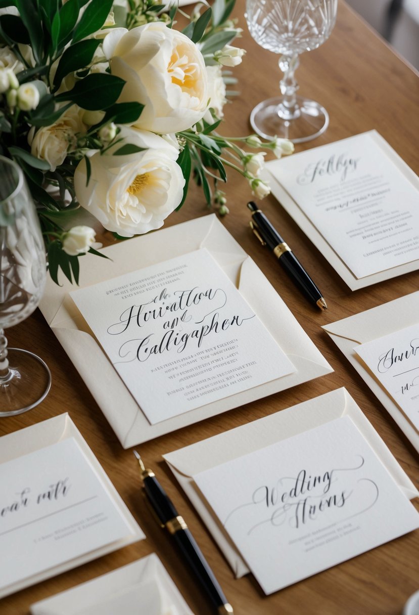 A table adorned with elegant wedding invitations and envelopes, with a calligraphy pen and ink set nearby for recipient addressing