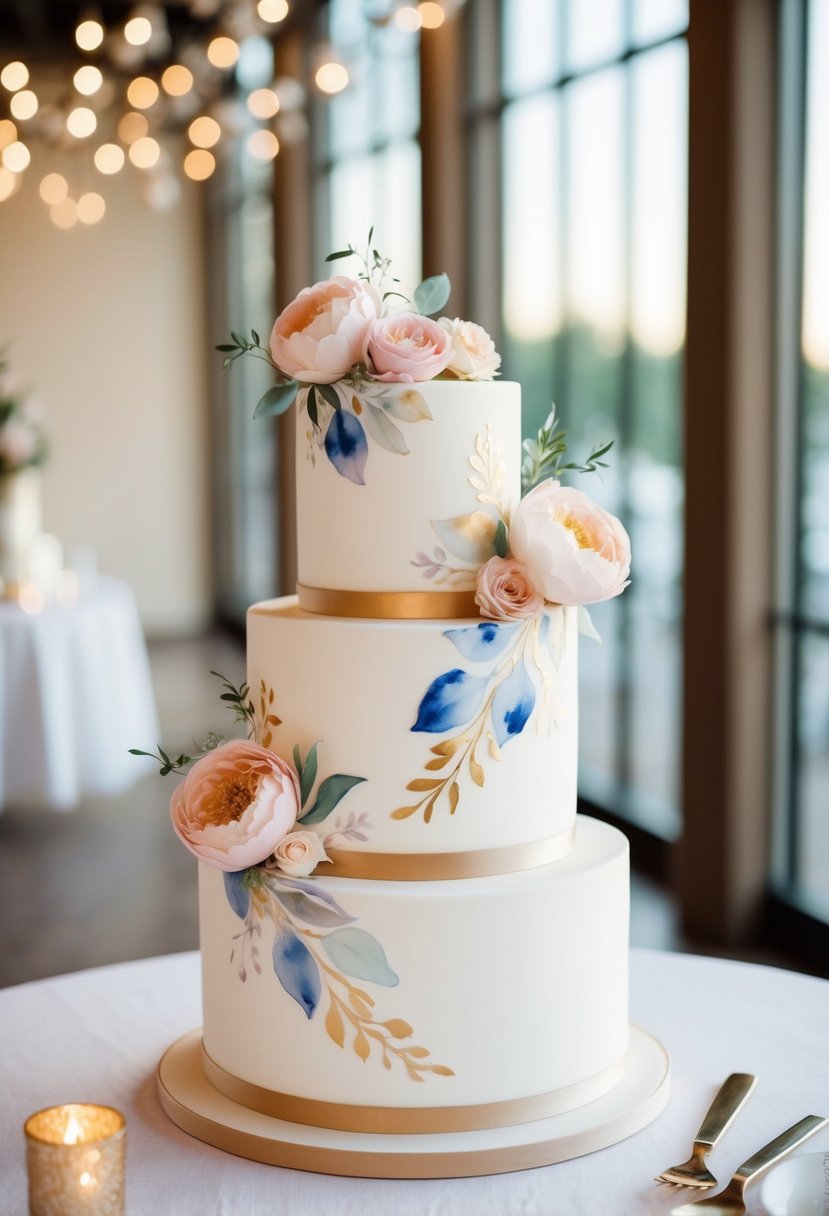 A three-tiered wedding cake adorned with hand-painted watercolor floral designs in soft pastel colors, with delicate gold accents