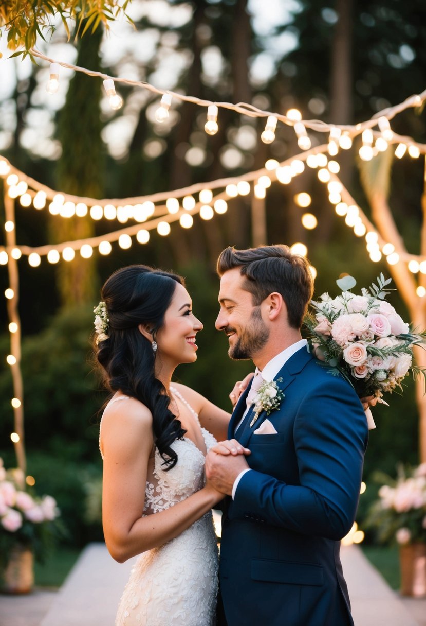 A groom holding a bouquet of flowers and gazing lovingly at his partner, surrounded by twinkling fairy lights and romantic decorations