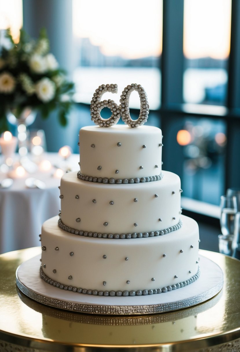 A white fondant cake adorned with silver edible beads for a 60th wedding anniversary celebration