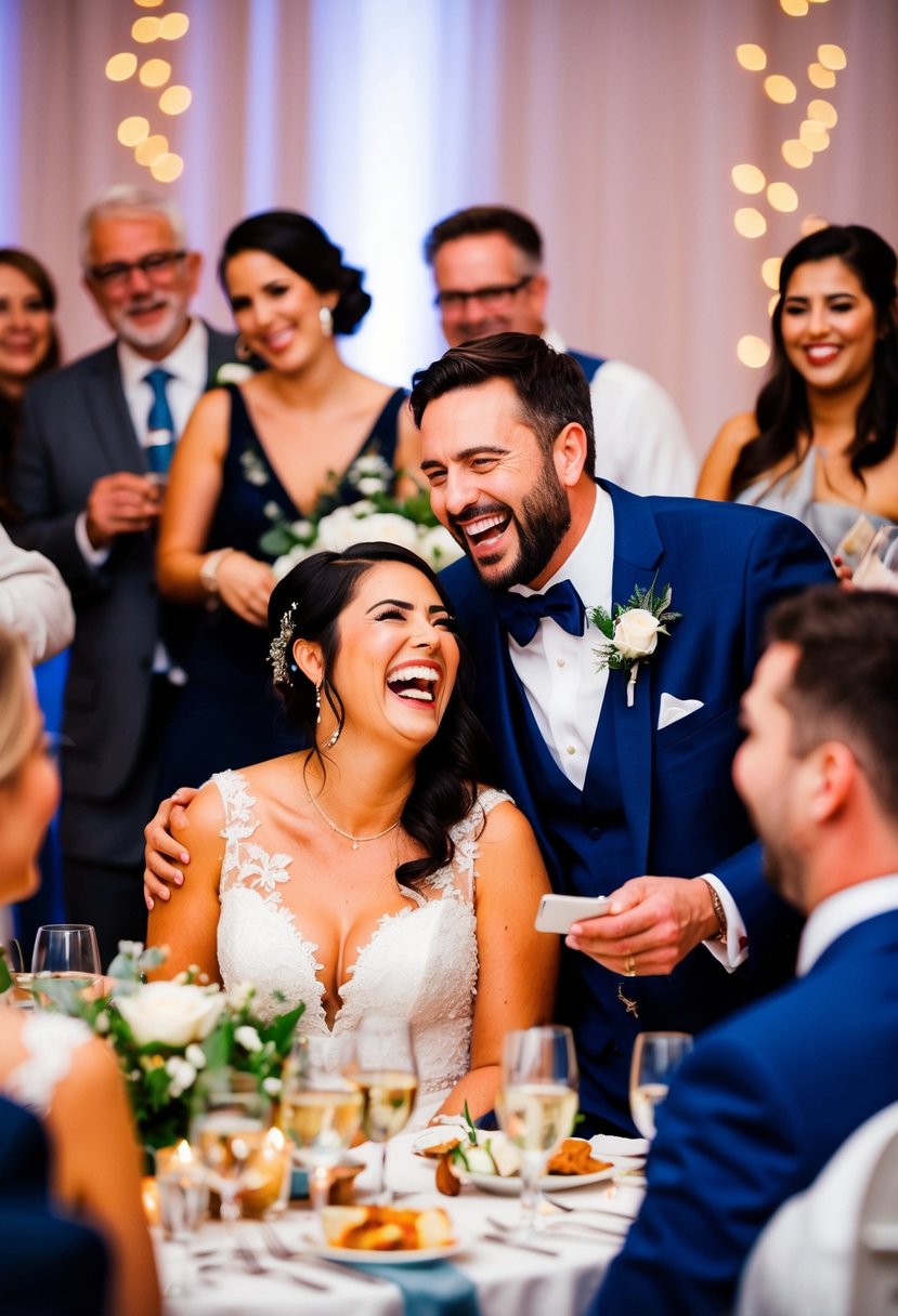 A groom and his partner laughing together, surrounded by friends and family at their wedding reception, with a heartwarming speech being delivered