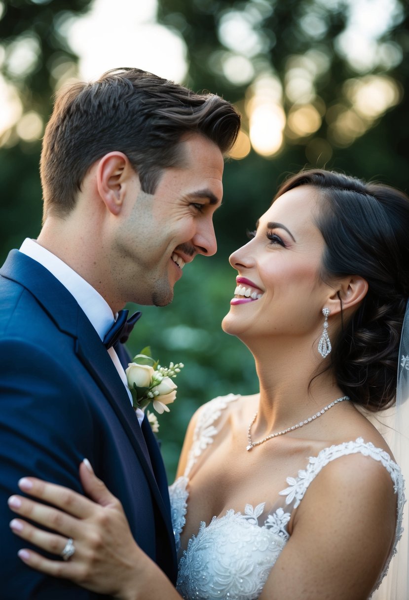 A groom gazes lovingly at his partner, who is beaming with joy, as he compliments her stunning appearance on their wedding day