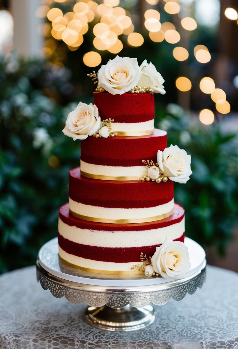 A three-tiered red velvet cake with cream cheese frosting, adorned with delicate white roses and gold accents, sits on a silver cake stand