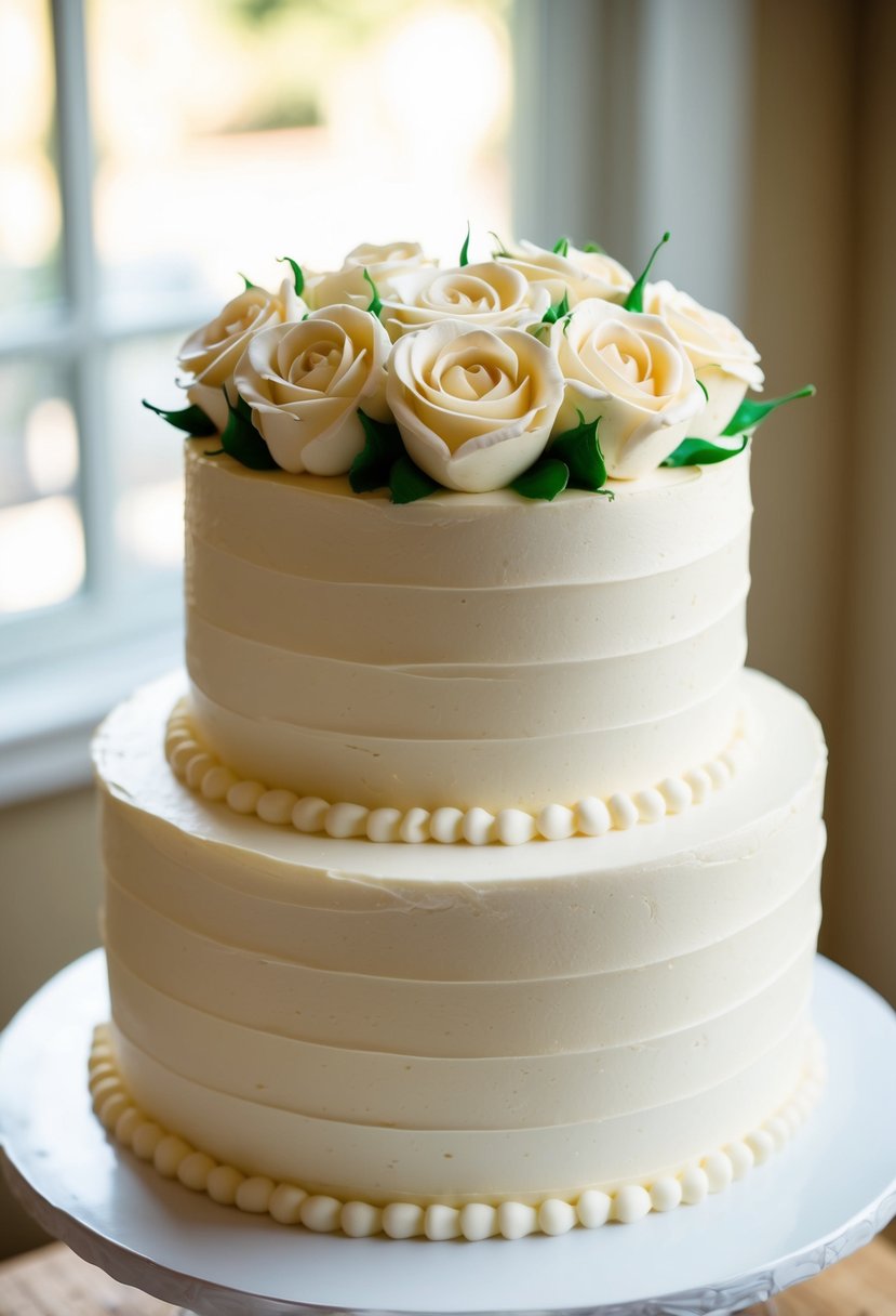 A buttercream cake adorned with hand-piped roses for a 60th wedding anniversary celebration