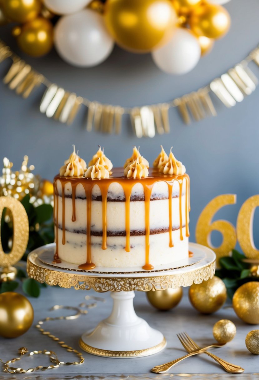 A vanilla bean cake with caramel drizzle sits on a decorative cake stand, surrounded by golden 60th anniversary decorations