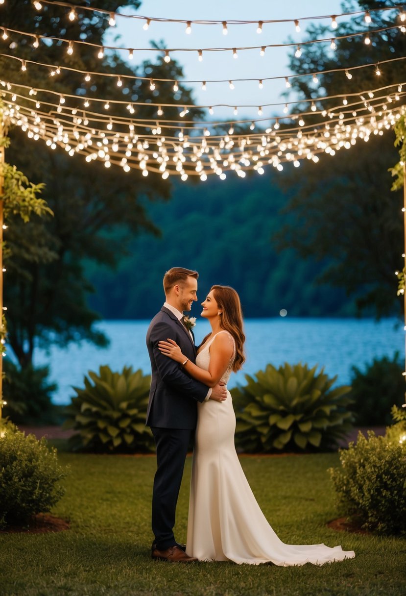 A couple standing under a canopy of twinkling lights, surrounded by lush greenery, with a serene lake in the background