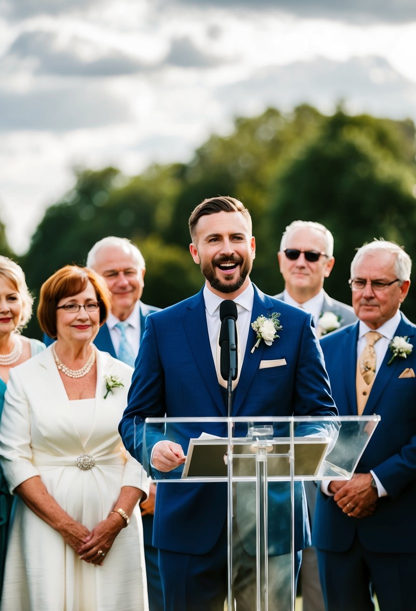 A groom standing at a podium, surrounded by both sets of parents, expressing gratitude in a wedding speech