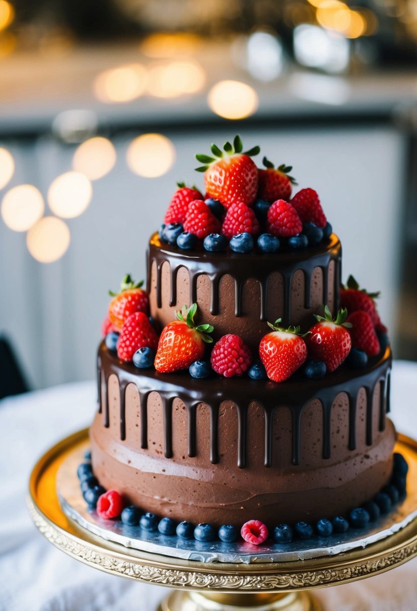 A tiered chocolate cake adorned with a variety of fresh fruits, such as strawberries and raspberries, sits on a decorative cake stand