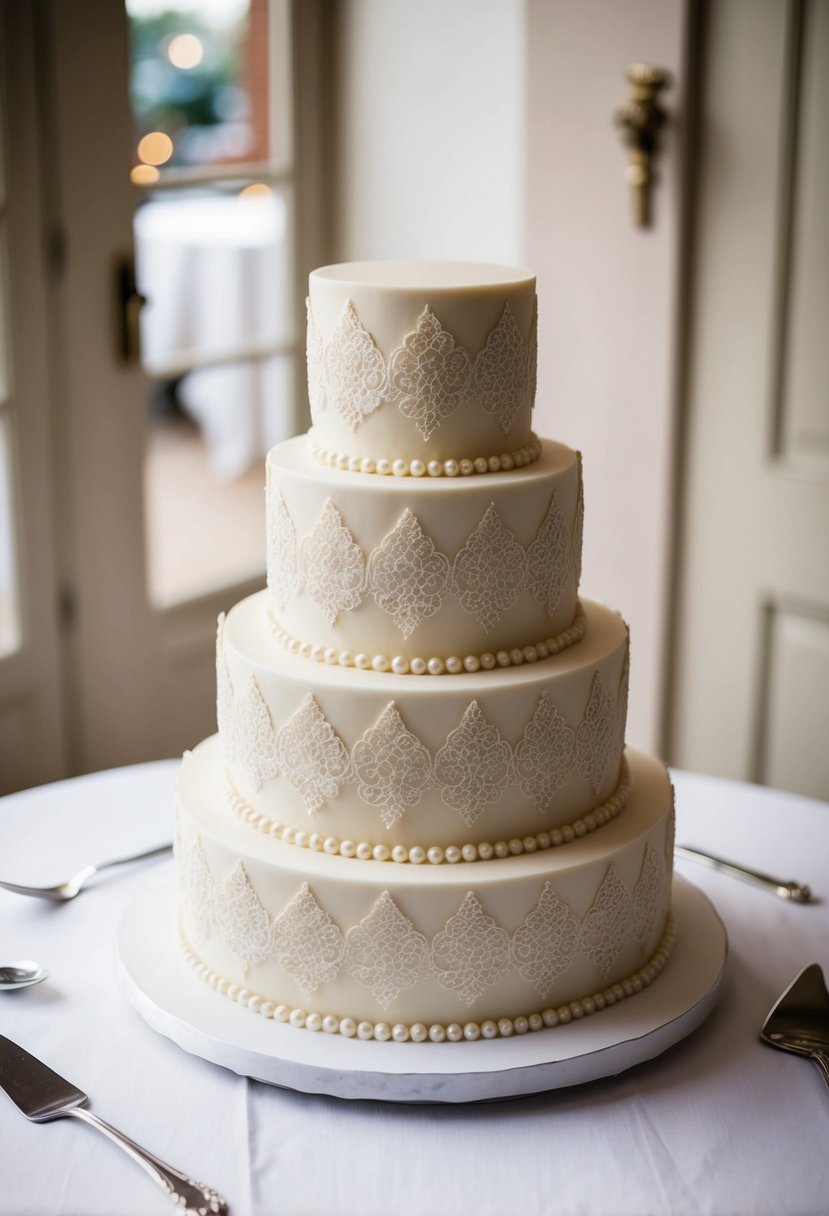 A three-tiered vintage lace cake adorned with delicate sugar pearls, perfect for a 60th wedding anniversary celebration