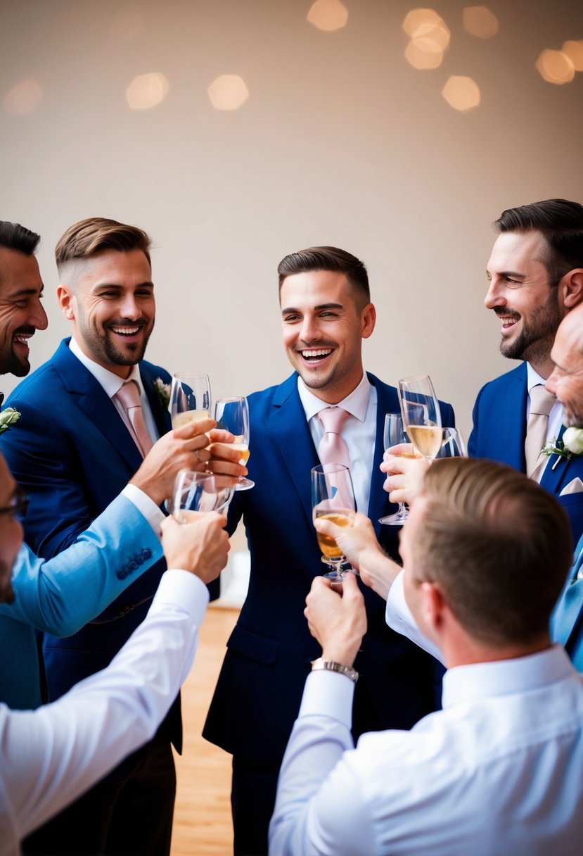 A group of men standing in a circle, toasting and laughing. The groom is at the center, smiling and raising a glass