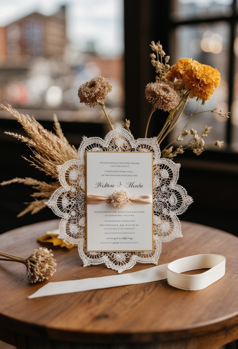 A vintage lace wedding invitation displayed with dried flowers and a ribbon on a wooden table