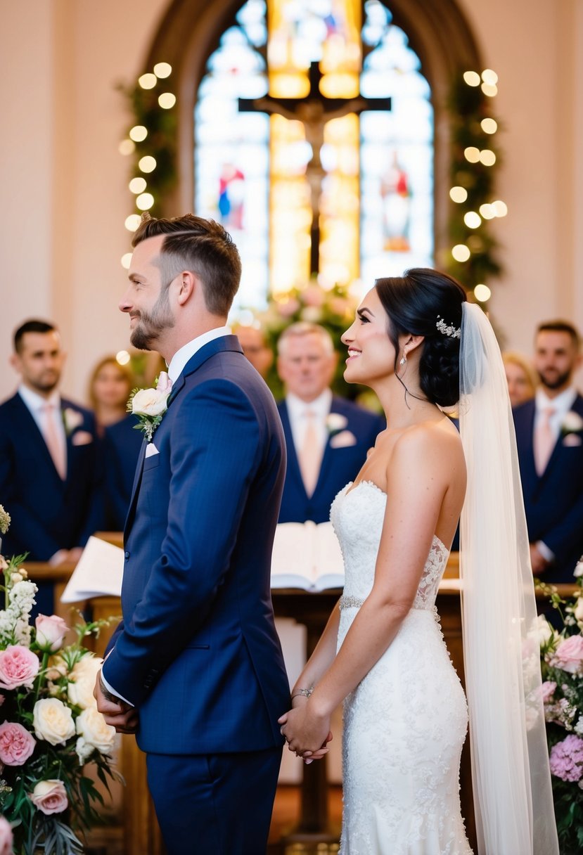 A groom standing at the altar, gazing at his bride with adoration, surrounded by blooming flowers and twinkling lights