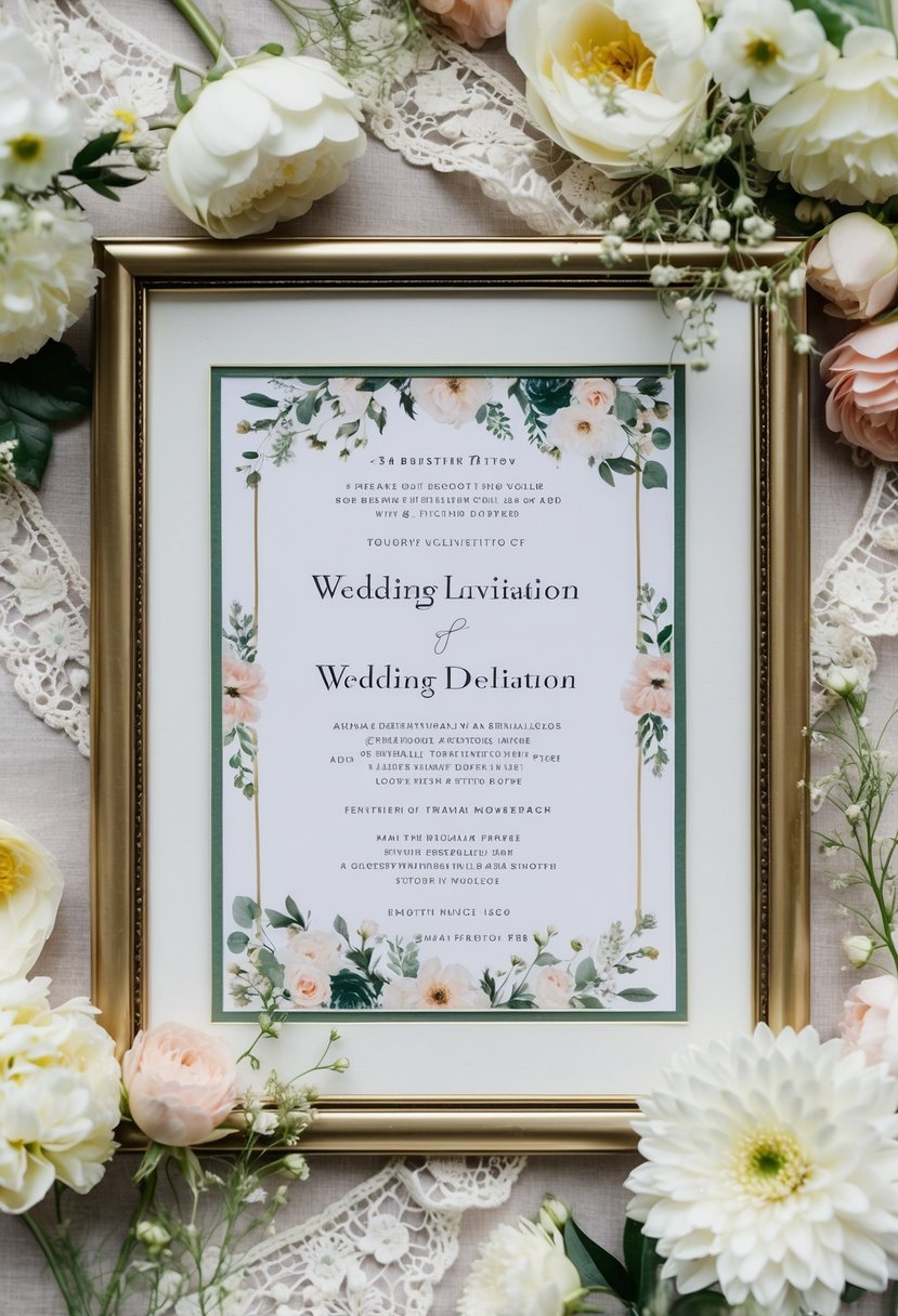 A beautifully framed wedding invitation surrounded by delicate flowers and lace