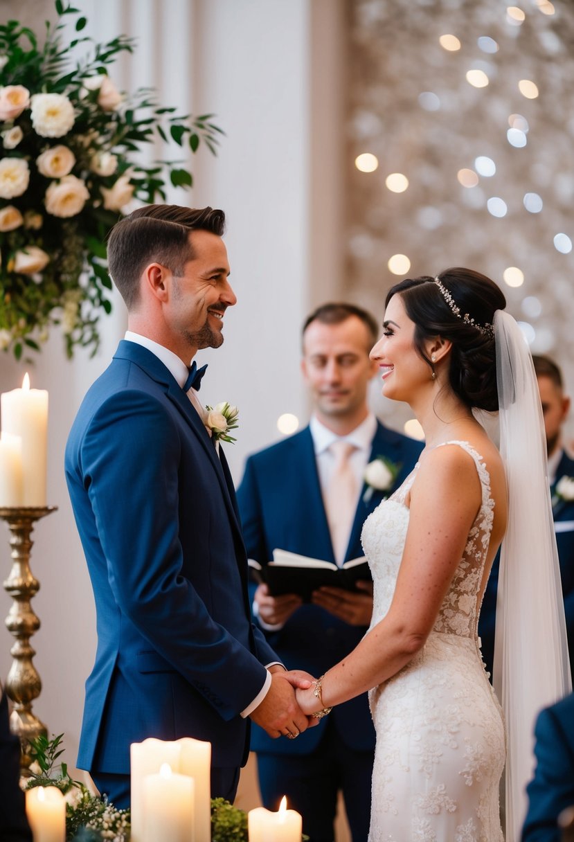 A groom standing at the altar, facing his partner with a loving and supportive expression, surrounded by flowers and candles