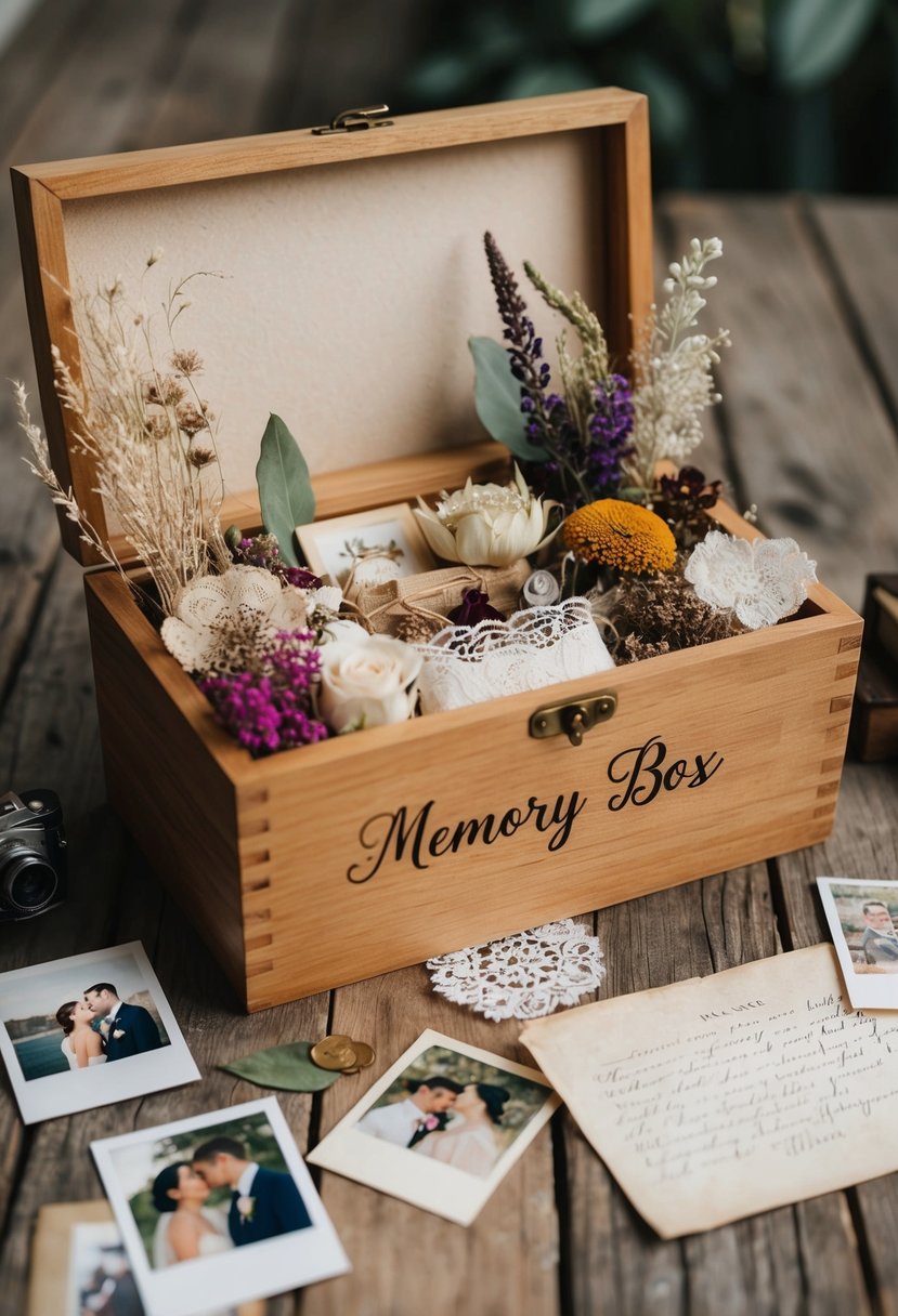 A wooden memory box filled with dried flowers, lace, and wedding mementos, surrounded by vintage photos and love letters