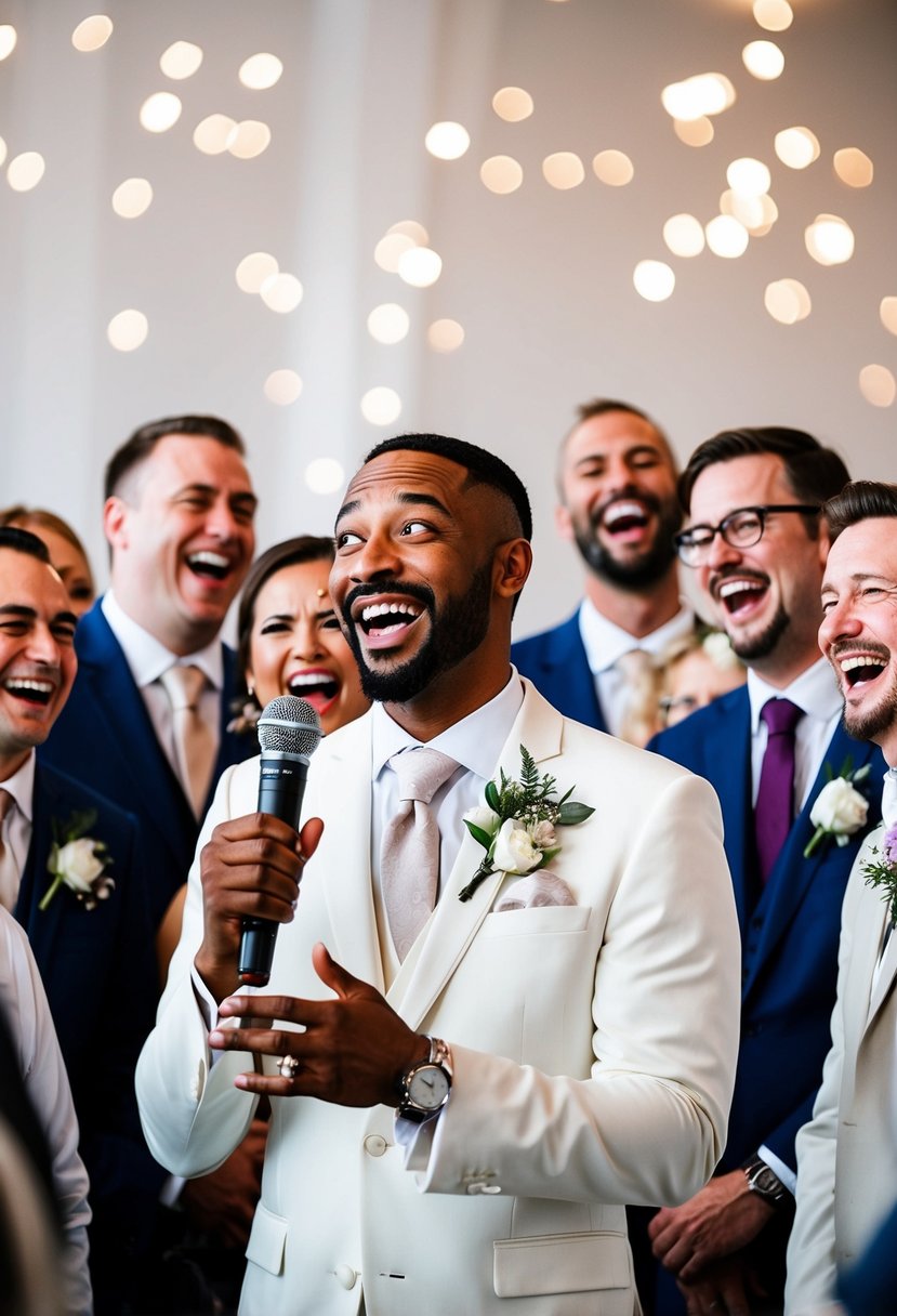 A groom holding a microphone, surrounded by smiling wedding guests, while telling a funny story with laughter and joy in the air