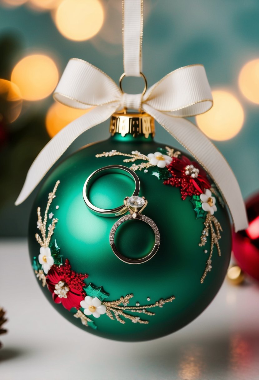 A festive holiday ornament with wedding rings, floral accents, and a ribbon bow