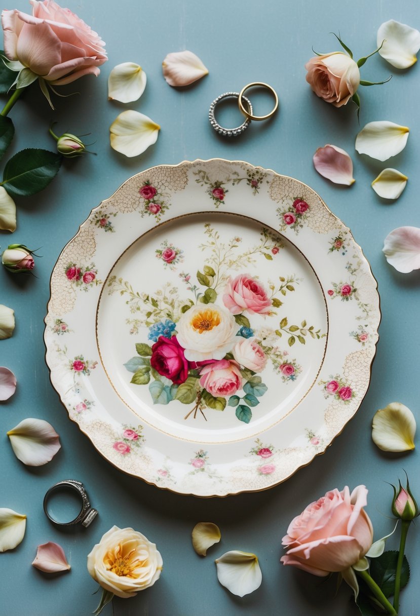 A vintage-inspired decoupage plate with delicate floral and lace motifs, surrounded by scattered rose petals and wedding rings