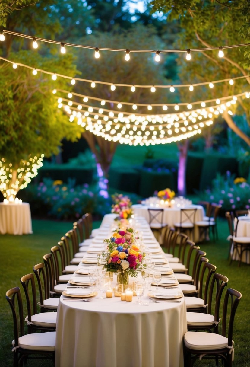 A garden filled with twinkling lights, colorful flowers, and elegant table settings, ready for a last-minute wedding celebration