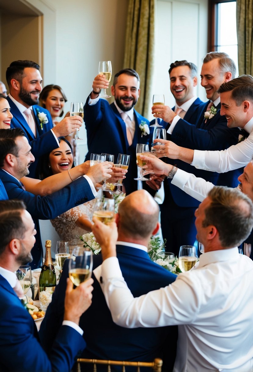 Guests gather around groom, raising glasses in celebration. Joyful embraces and laughter fill the room as loved ones share heartfelt speeches