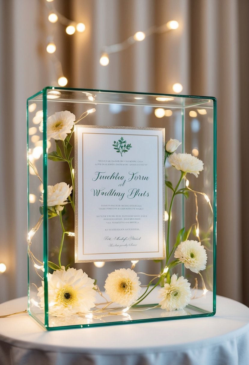 A glass block display with a wedding invitation inside, surrounded by delicate flowers and twinkling fairy lights