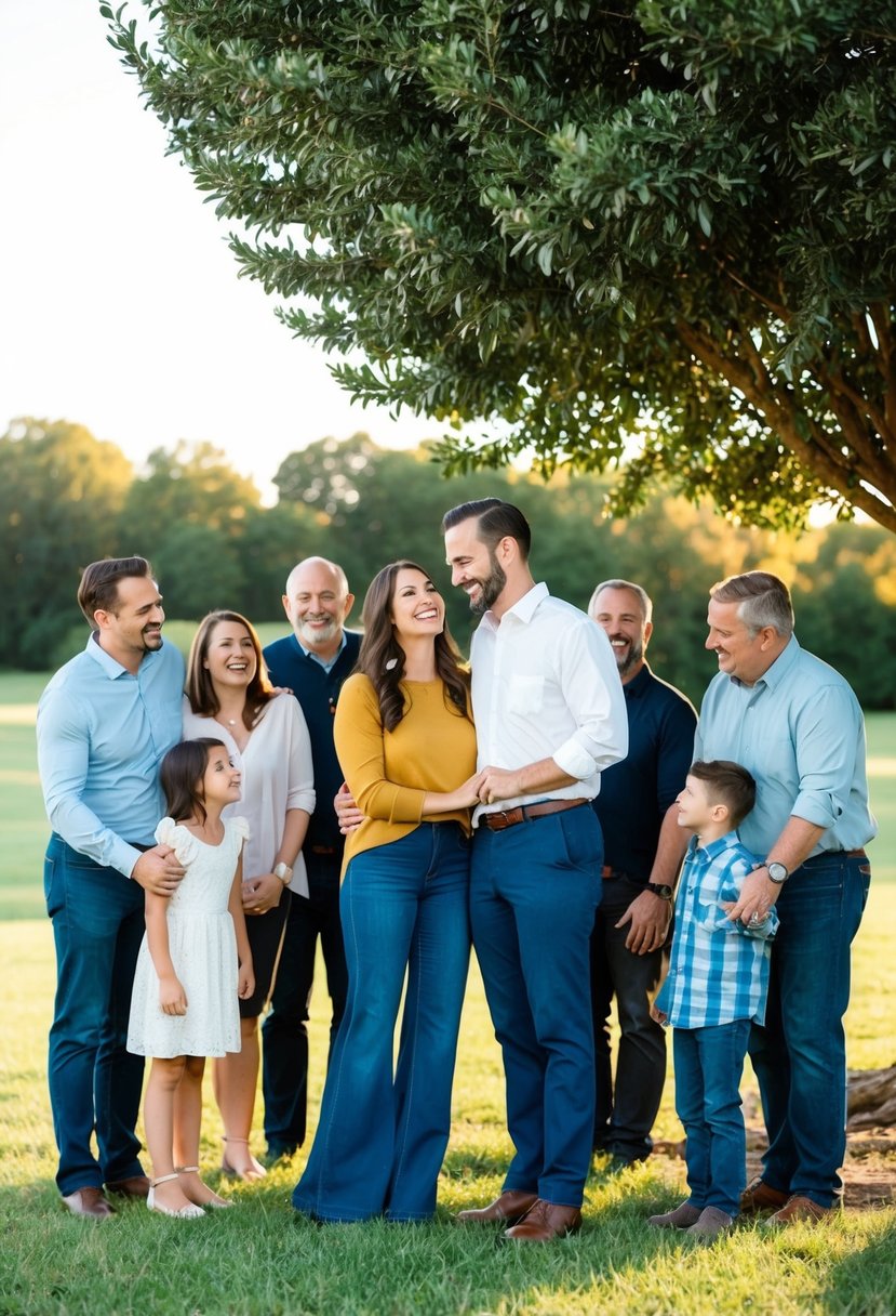 A couple standing under a tree, surrounded by friends and family, smiling and laughing as they recall cherished memories together