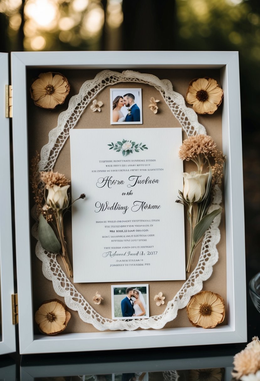 A shadow box displays a wedding invitation surrounded by dried flowers, lace, and a small photo of the couple