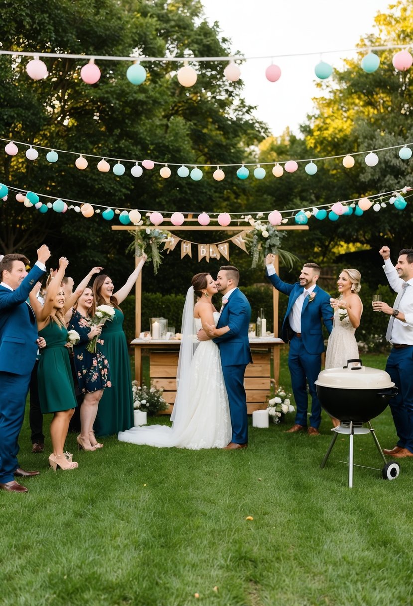 A backyard BBQ with festive decorations, a makeshift altar, and happy guests celebrating a last-minute wedding