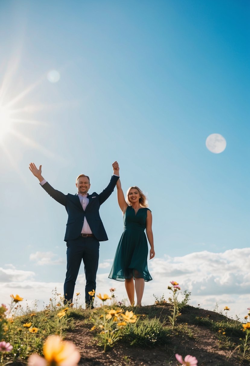 A couple standing on a hilltop, arms raised in celebration, surrounded by blooming flowers and a bright, sunny sky