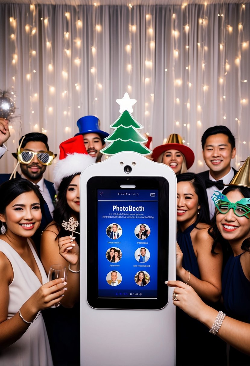 A photobooth surrounded by festive props and a backdrop of twinkling lights, ready for guests to capture fun and spontaneous moments at a last-minute wedding celebration