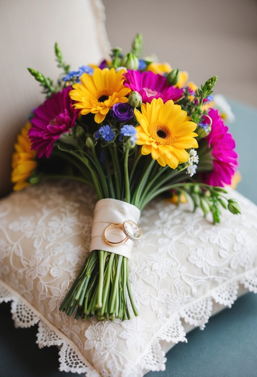 A bouquet of colorful flowers and elegant wedding rings resting on a lace-trimmed pillow