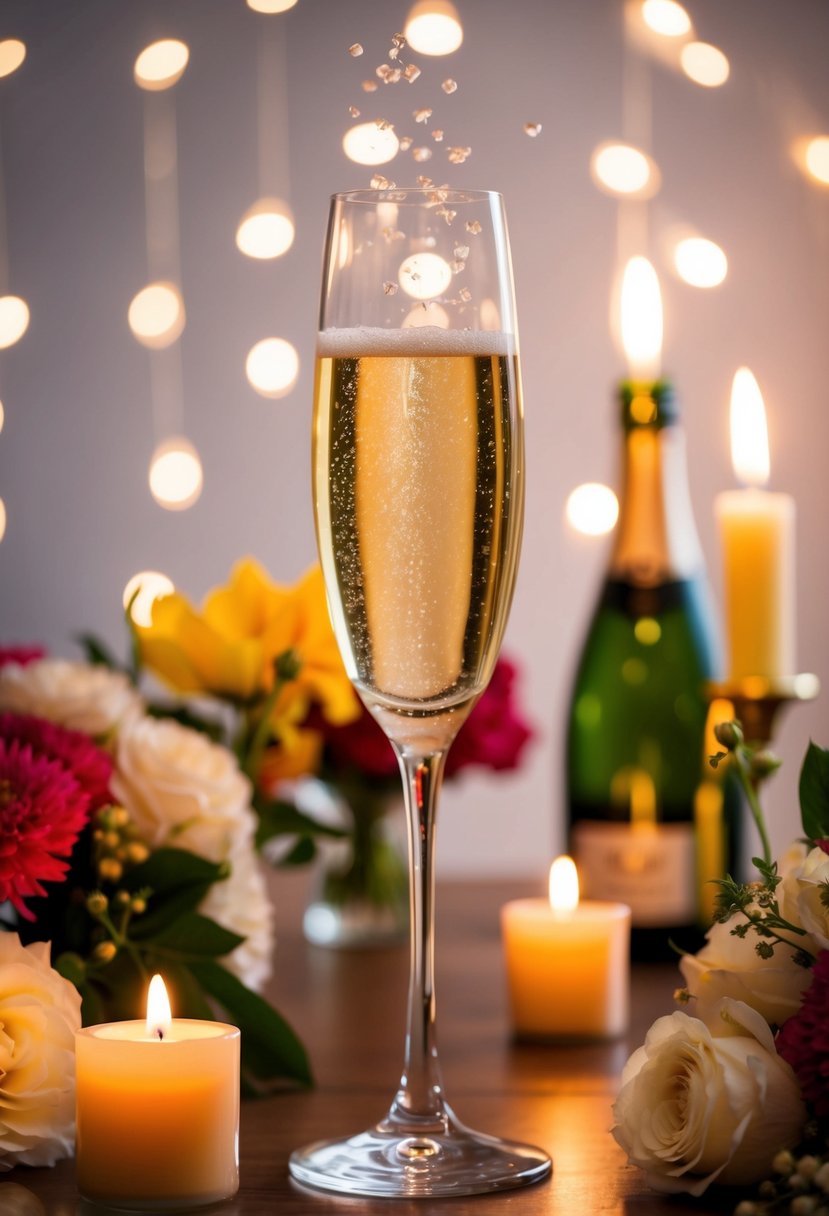 A champagne glass raised in celebration, surrounded by flowers and candles