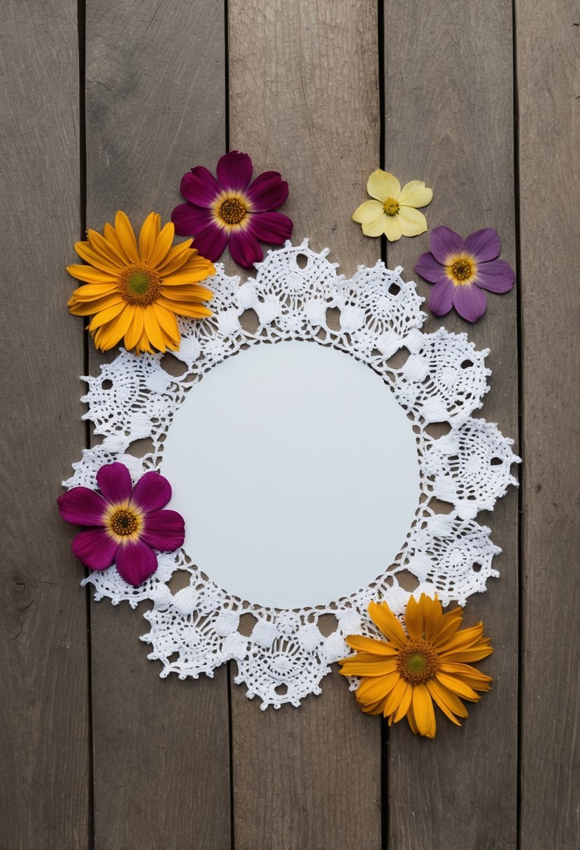 A vintage lace doily and pressed flowers arranged on a rustic wooden background, with a blank space for text