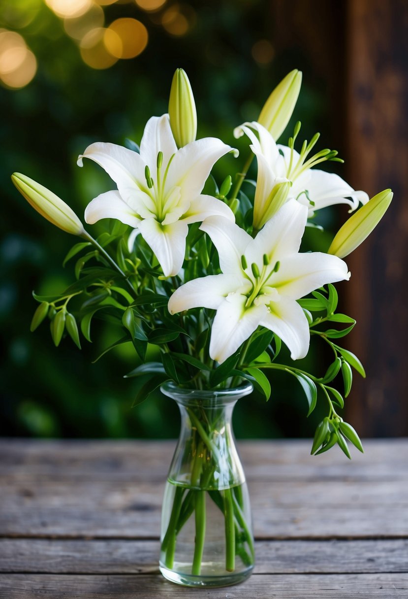 A small vase of white lilies and greenery on a rustic wooden table