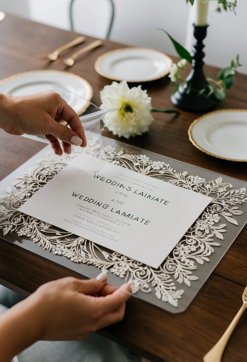 A beautifully designed placemat wedding invitation being sealed with a clear laminate, ready to be used as a keepsake for the special day