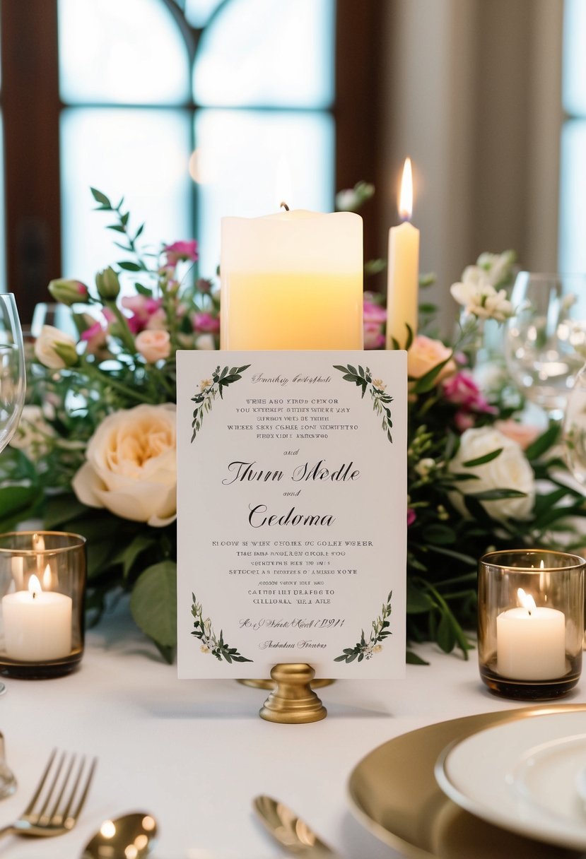 A wedding invitation with a custom candle centerpiece surrounded by floral arrangements and elegant decor