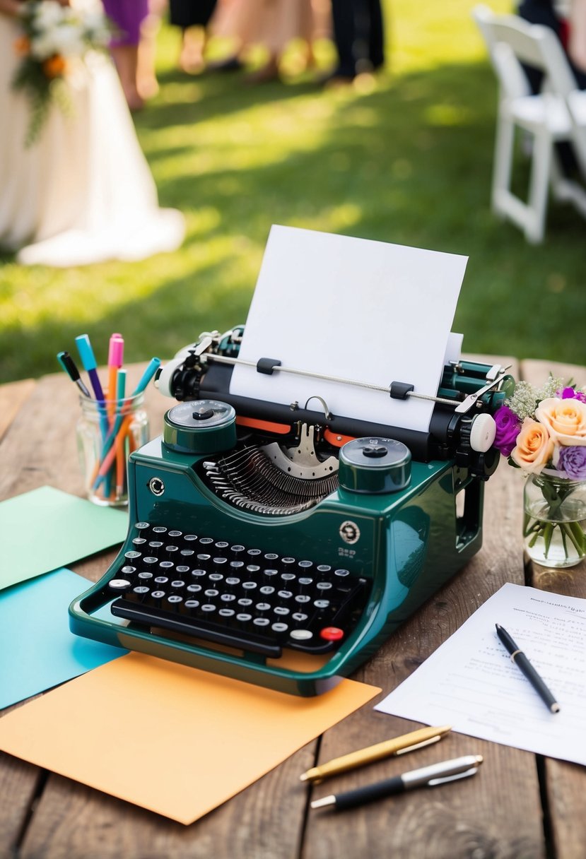 A vintage typewriter surrounded by colorful paper and pens, nestled on a rustic wooden table at an outdoor wedding reception