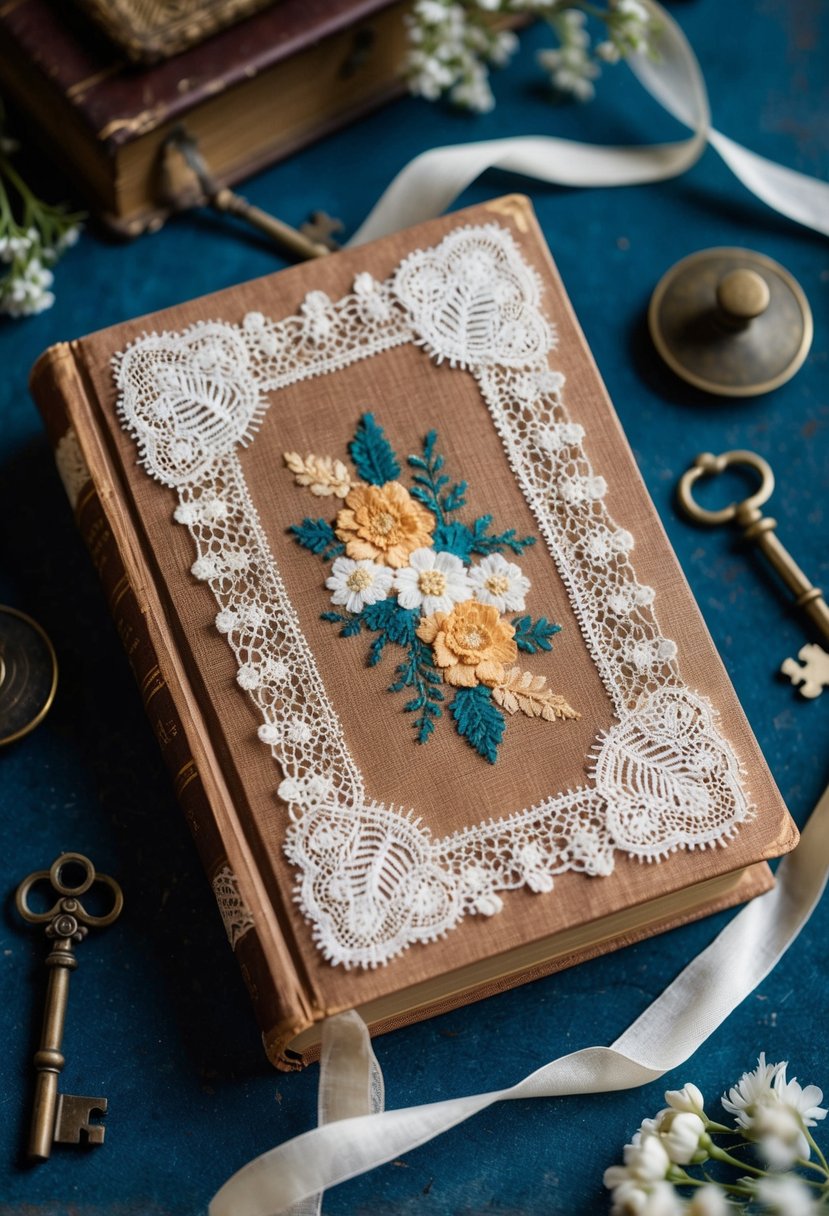 A vintage-inspired book with delicate lace and floral accents, surrounded by antique keys and a silk ribbon