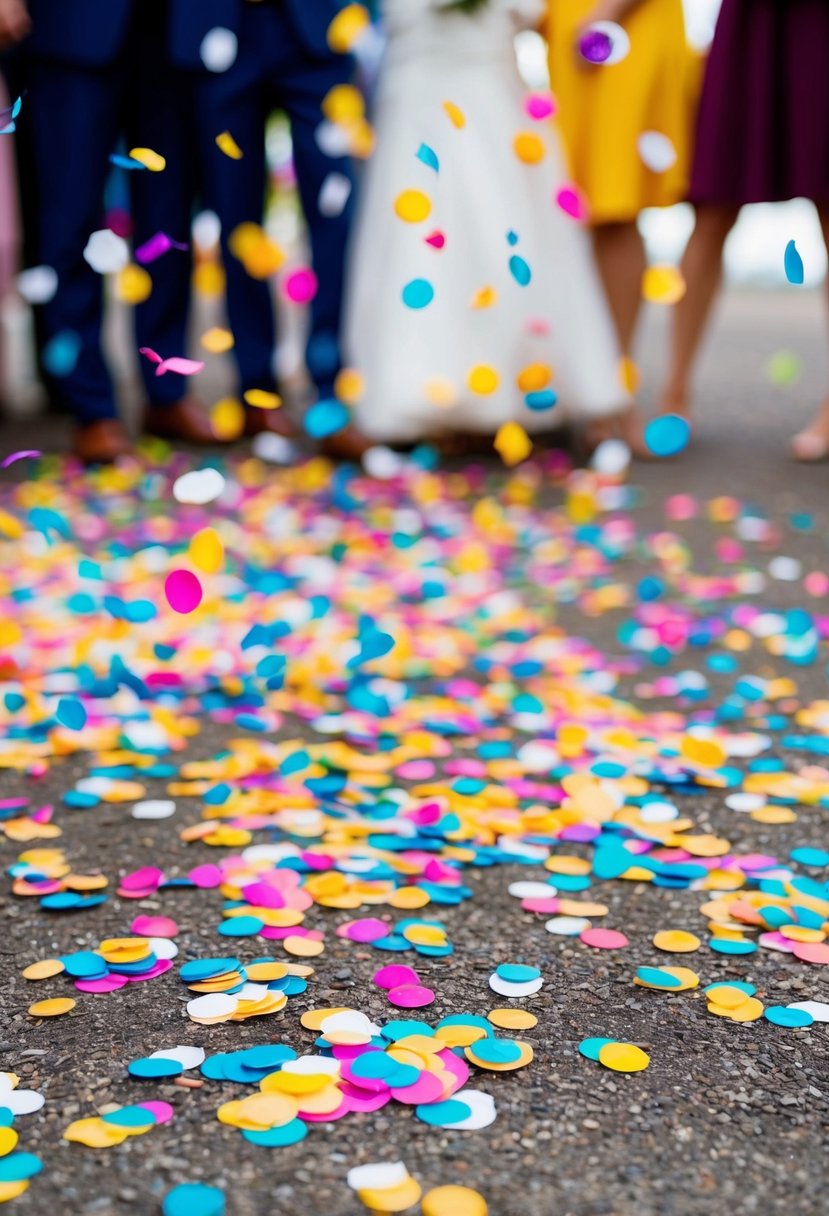 Colorful confetti scattered on the ground, ready to be tossed in celebration after the wedding ceremony