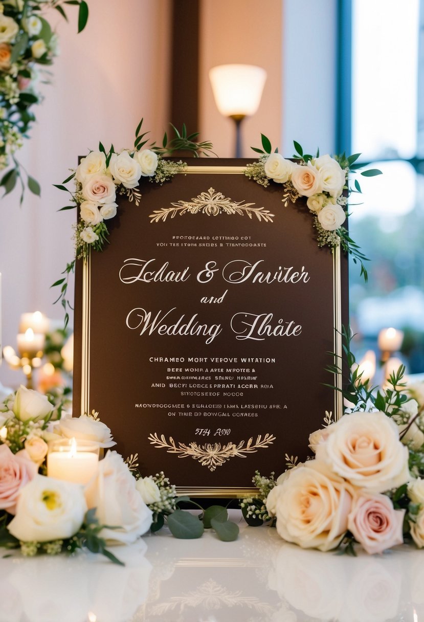 A personalized plaque with elegant wedding invitation design, surrounded by delicate floral arrangements and romantic lighting