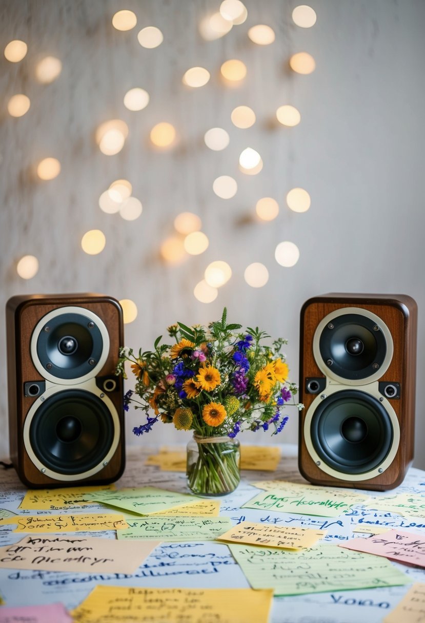 A table scattered with handwritten song titles, a bouquet of wildflowers, and a pair of vintage speakers playing nostalgic tunes