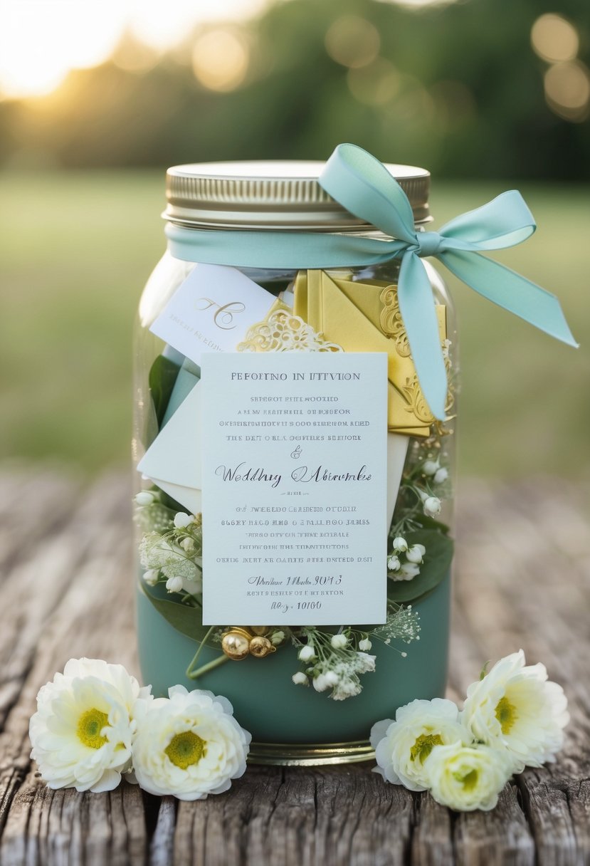 A decorative jar filled with wedding invitation keepsakes, surrounded by delicate flowers and tied with a ribbon