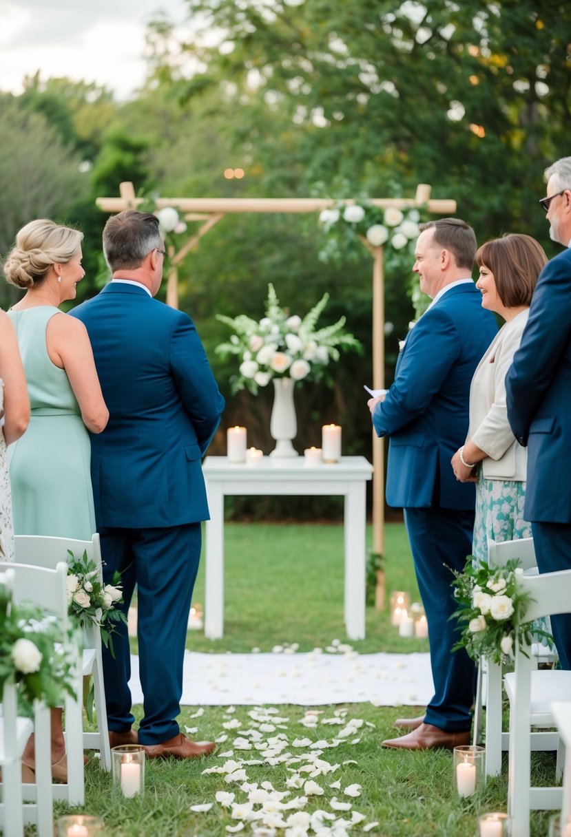 A serene outdoor setting with a simple altar and scattered flower petals, surrounded by close family and friends