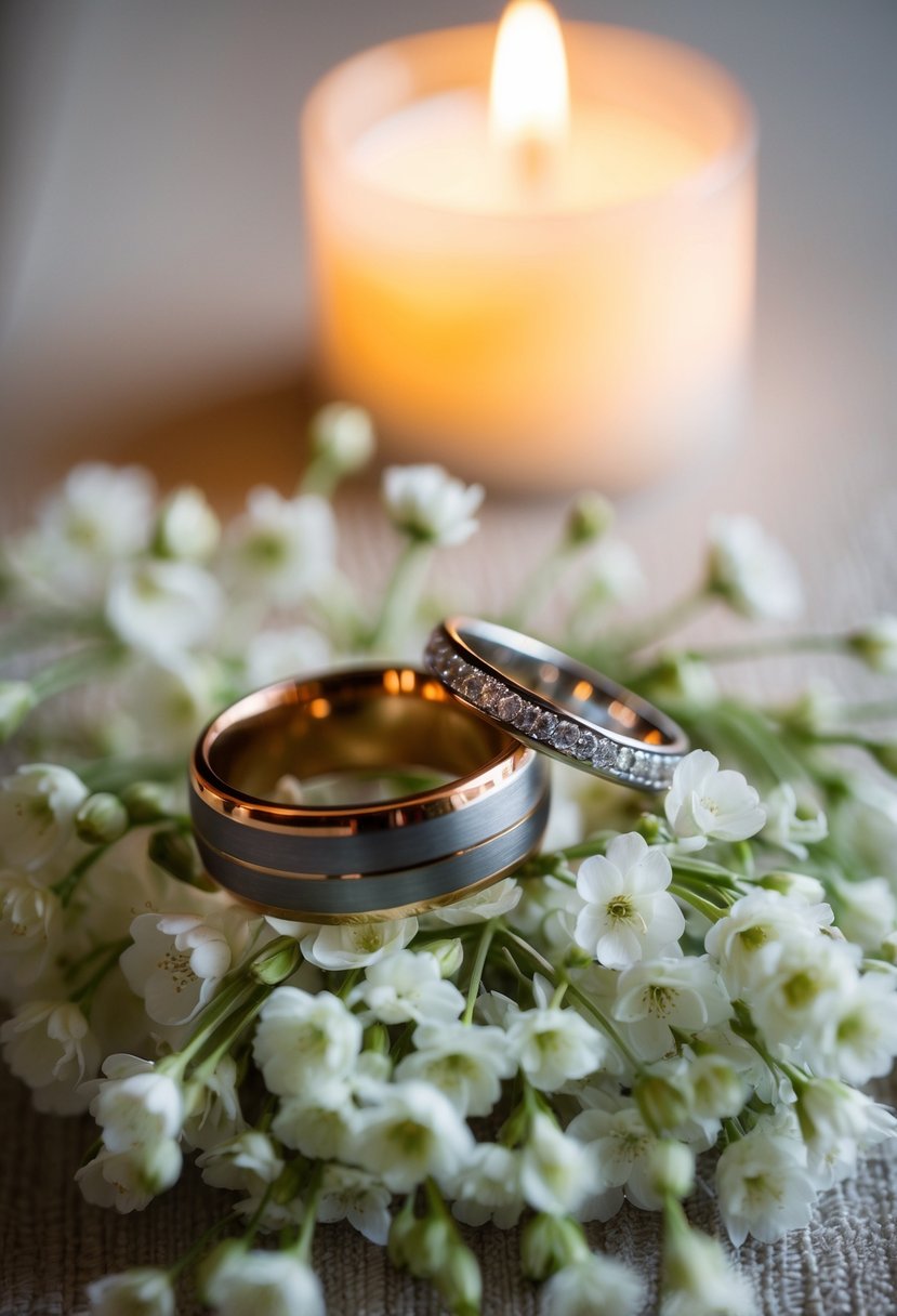 A pair of intertwined wedding rings resting on a bed of delicate white flowers, with soft candlelight casting a warm glow over the scene